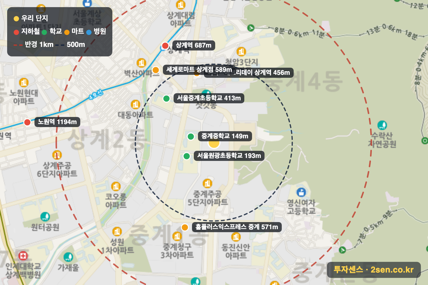 주공4 반경 1km 입지 지도(지하철·학교·마트)