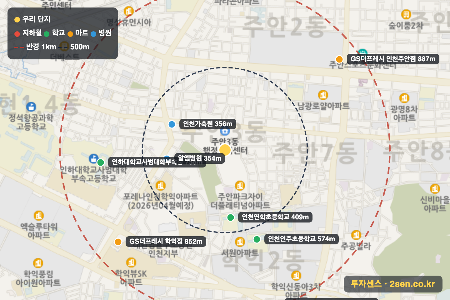 주안파크자이더플래티넘 반경 1km 입지 지도(지하철·학교·마트)