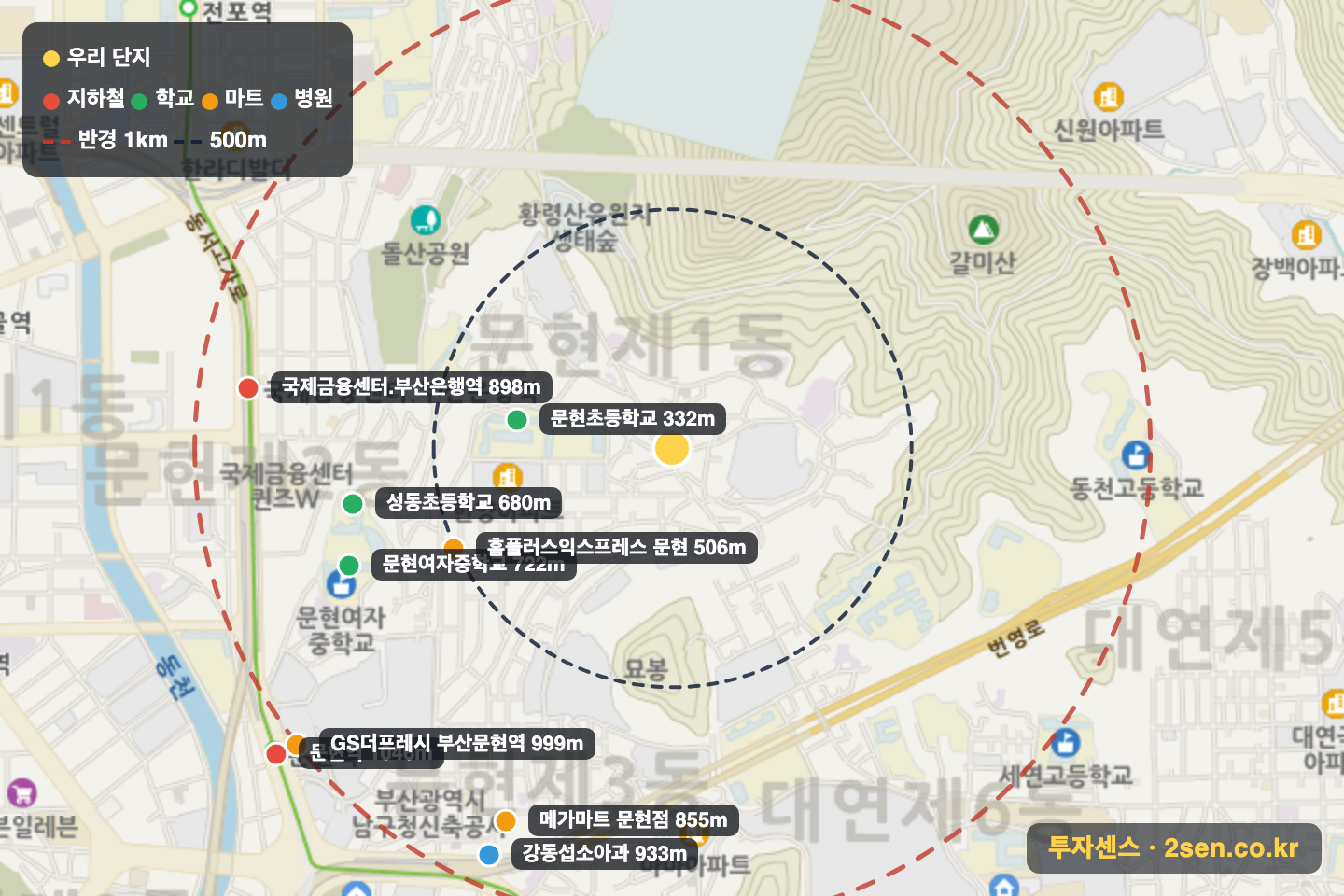 주원 반경 1km 입지 지도(지하철·학교·마트)