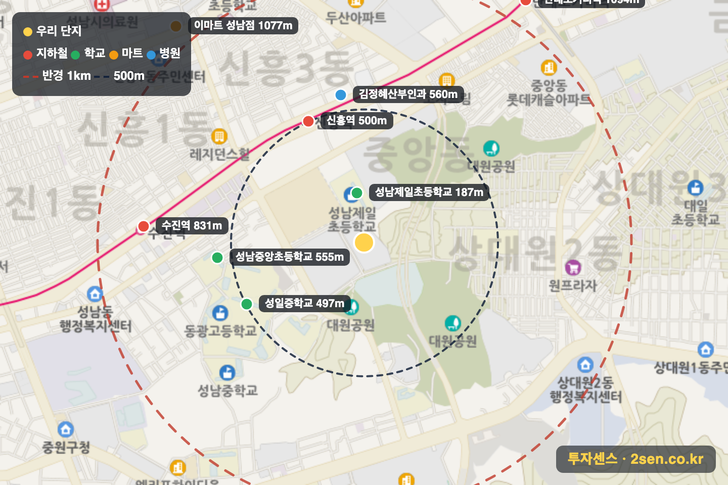 중앙동힐스테이트1차 반경 1km 입지 지도(지하철·학교·마트)