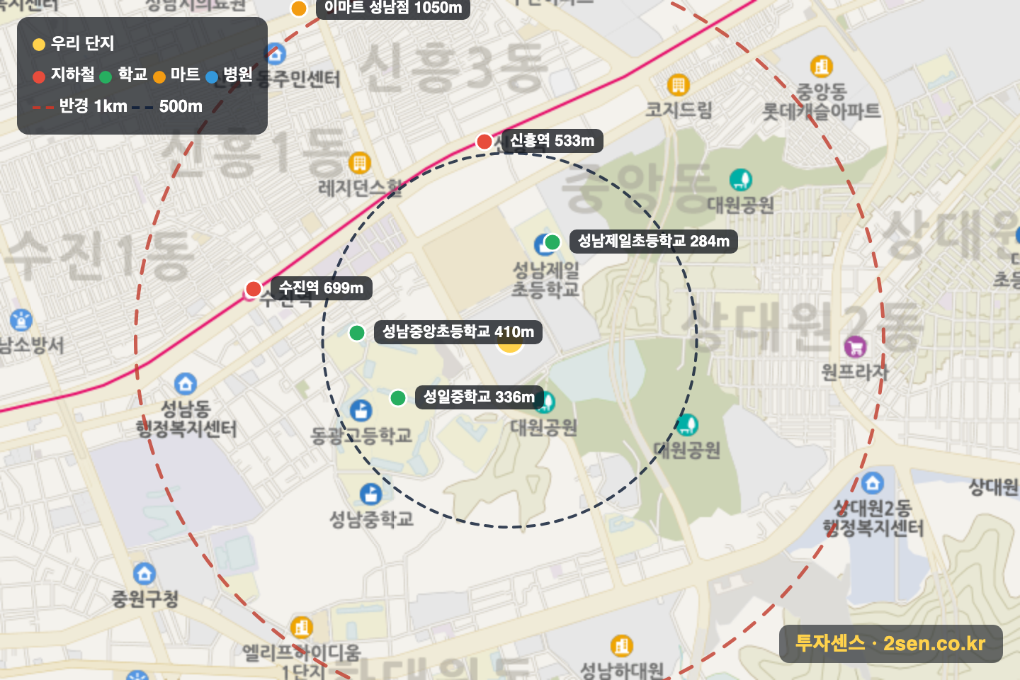 중앙동힐스테이트2차 반경 1km 입지 지도(지하철·학교·마트)
