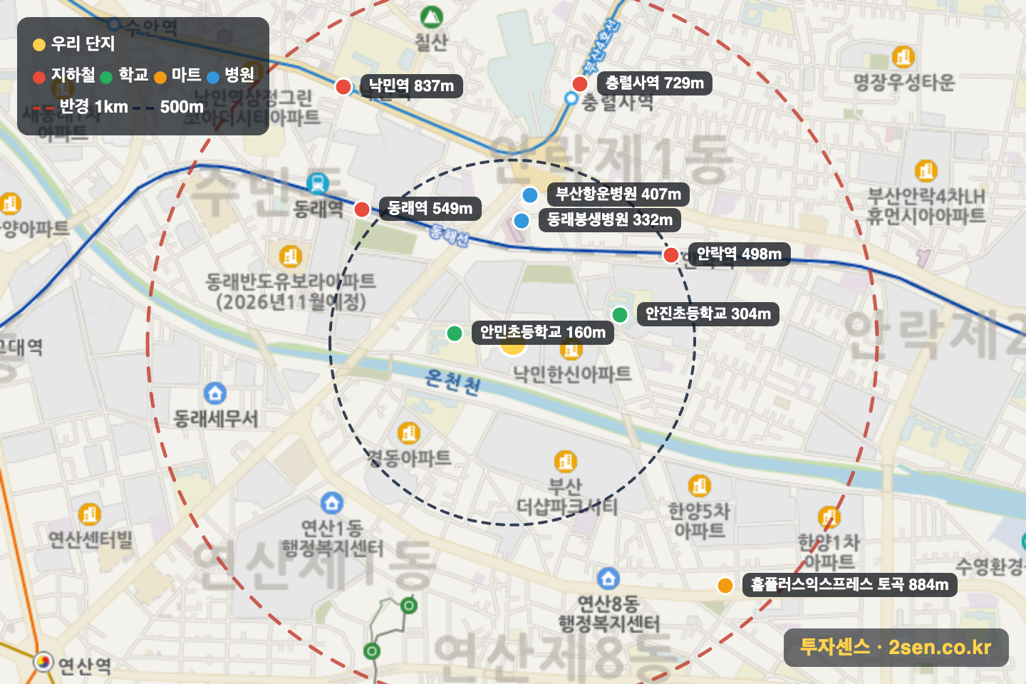 중앙하이츠2 반경 1km 입지 지도(지하철·학교·마트)