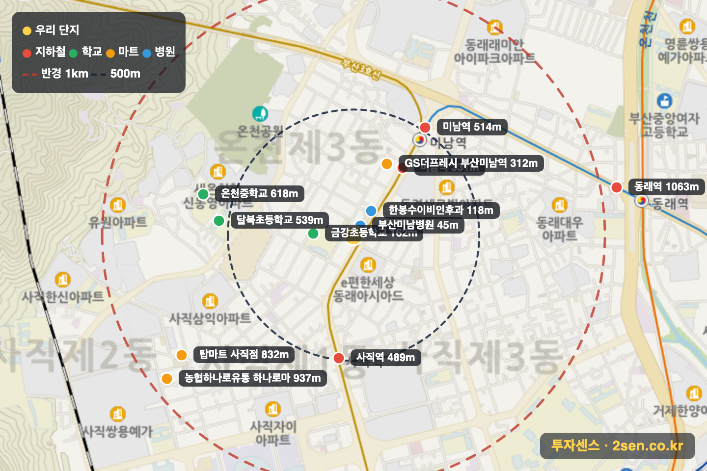 지영아이니드빌 반경 1km 입지 지도(지하철·학교·마트)