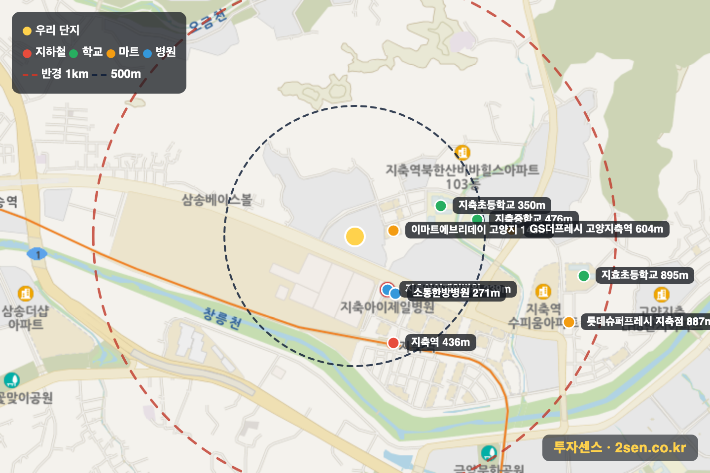 지축역북한산유보라 반경 1km 입지 지도(지하철·학교·마트)