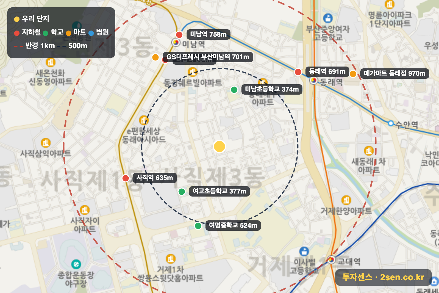 진성 반경 1km 입지 지도(지하철·학교·마트)