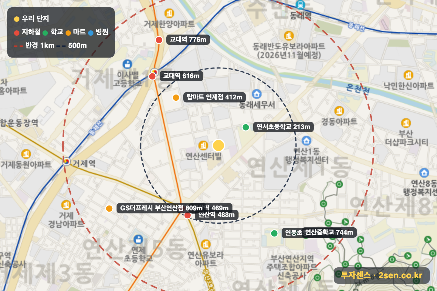 진흥목화 반경 1km 입지 지도(지하철·학교·마트)