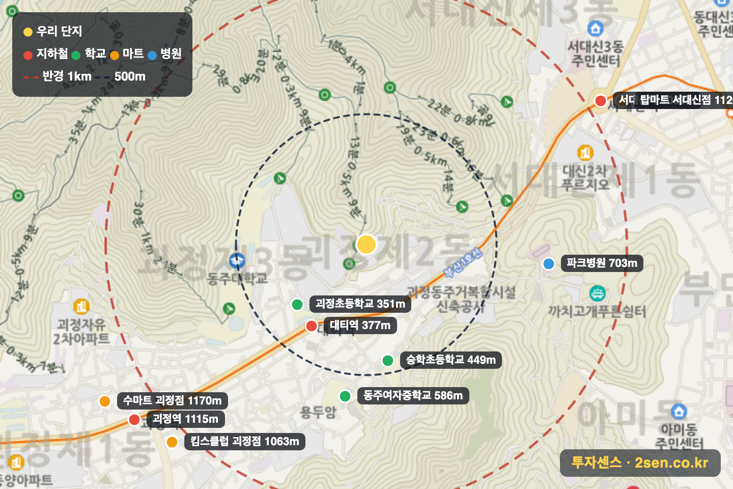 참누리아파트 반경 1km 입지 지도(지하철·학교·마트)