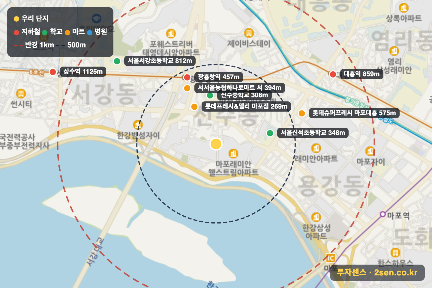 창전래미안 반경 1km 입지 지도(지하철·학교·마트)