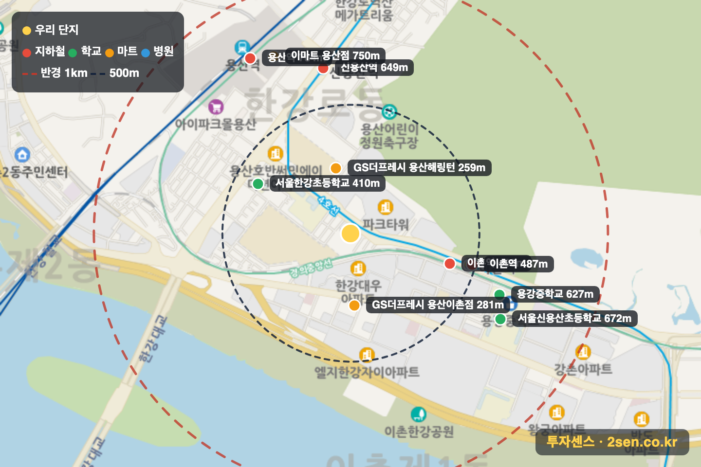 철우 반경 1km 입지 지도(지하철·학교·마트)