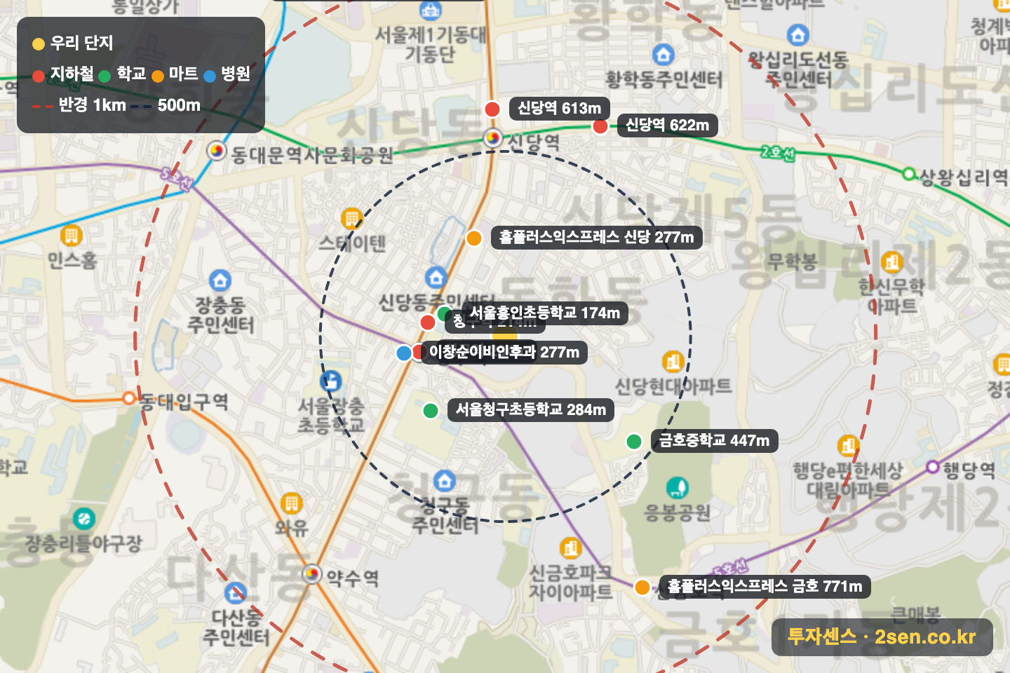 청구e편한세상 반경 1km 입지 지도(지하철·학교·마트)