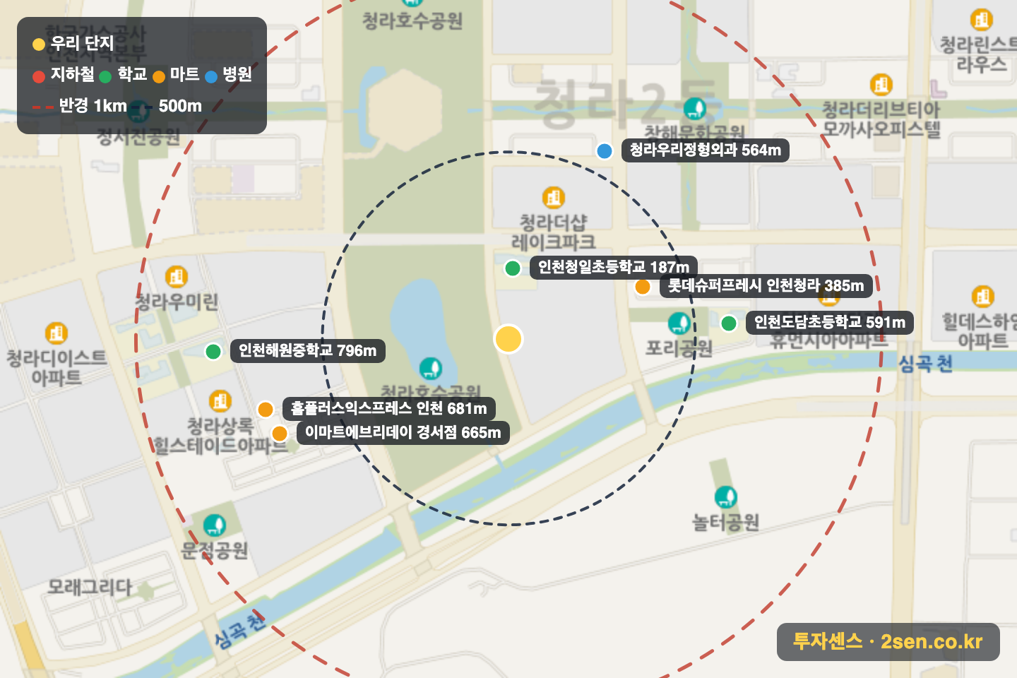 청라29블럭호반베르디움 반경 1km 입지 지도(지하철·학교·마트)