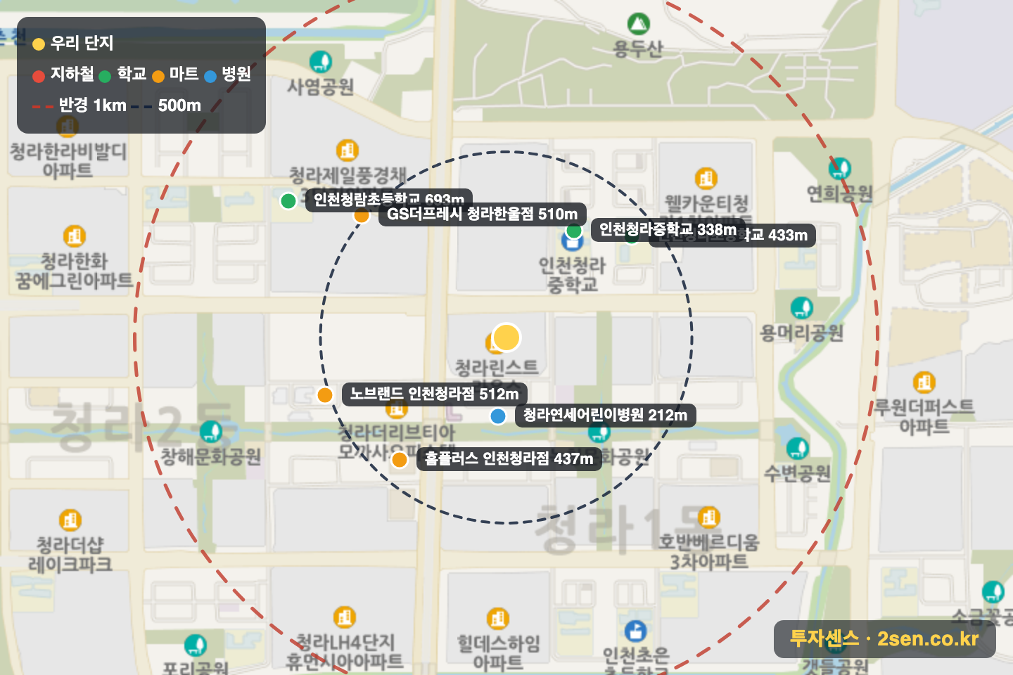 청라린스트라우스 반경 1km 입지 지도(지하철·학교·마트)