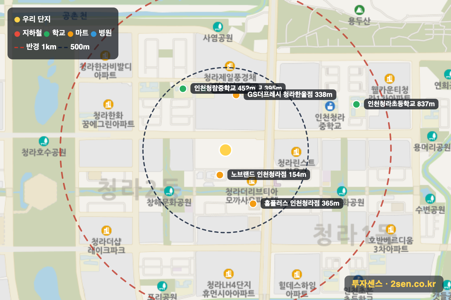 청라센트럴에일린의뜰 반경 1km 입지 지도(지하철·학교·마트)