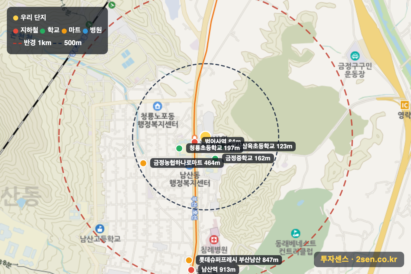 청룡동협성엠파이어 반경 1km 입지 지도(지하철·학교·마트)