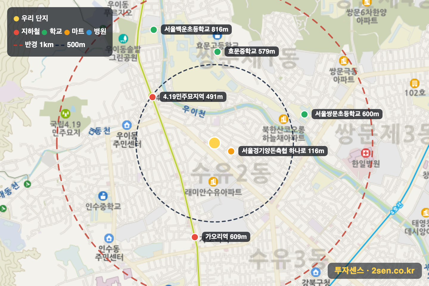 청솔 반경 1km 입지 지도(지하철·학교·마트)