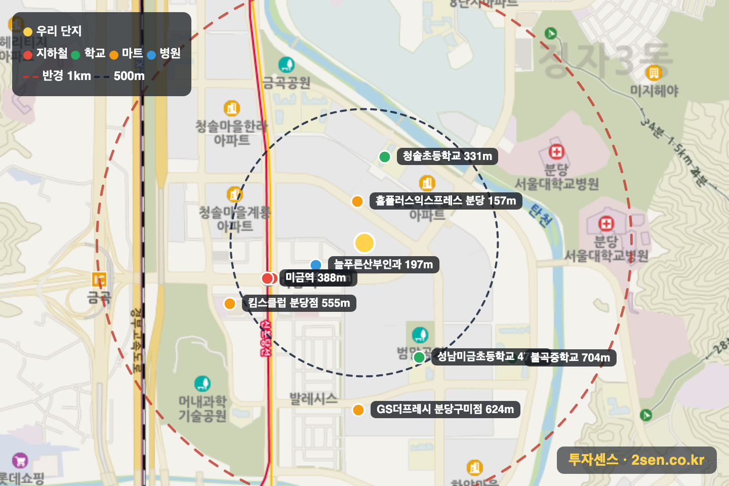 청솔마을(대원) 반경 1km 입지 지도(지하철·학교·마트)