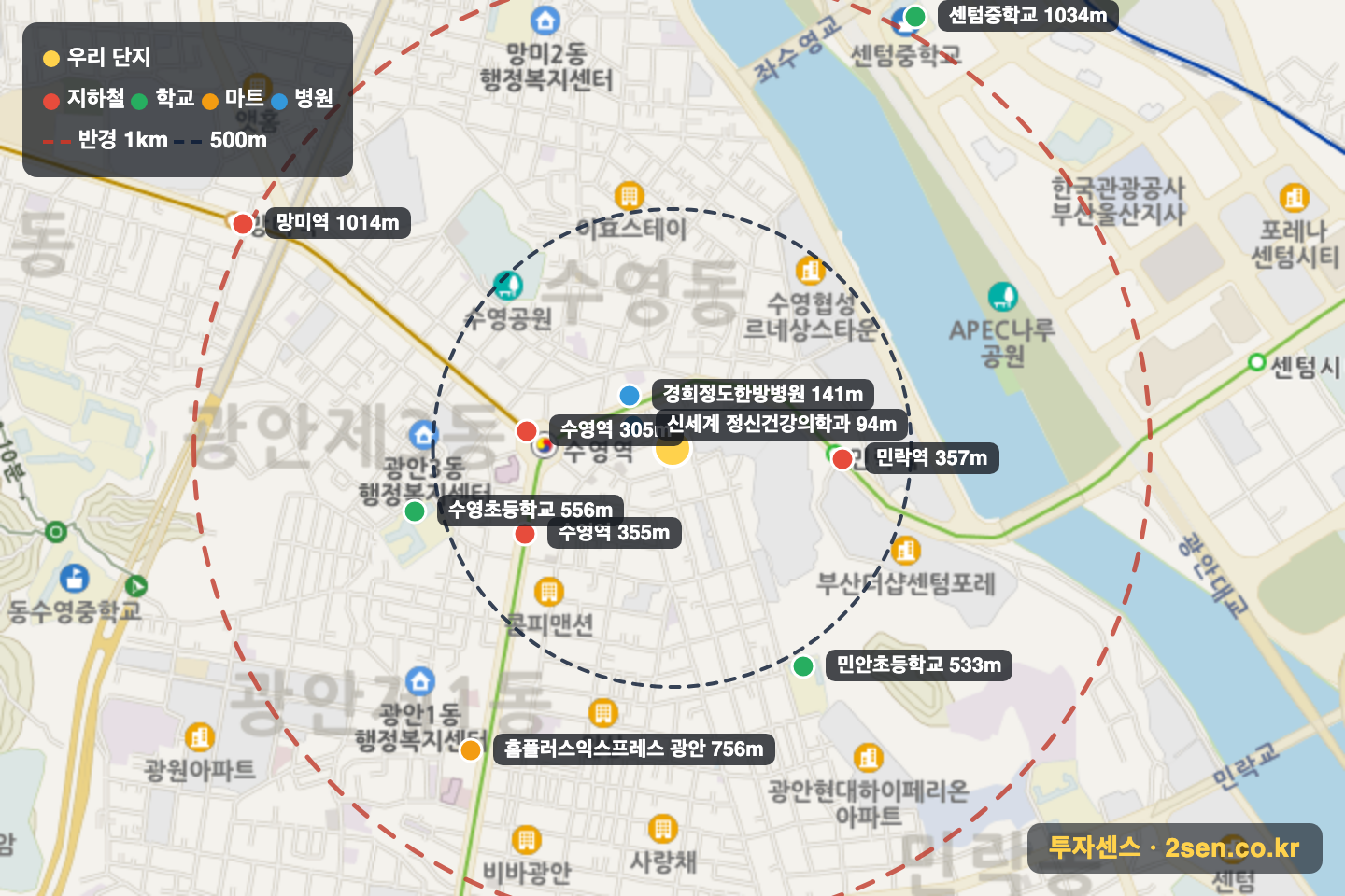 카라디움 반경 1km 입지 지도(지하철·학교·마트)