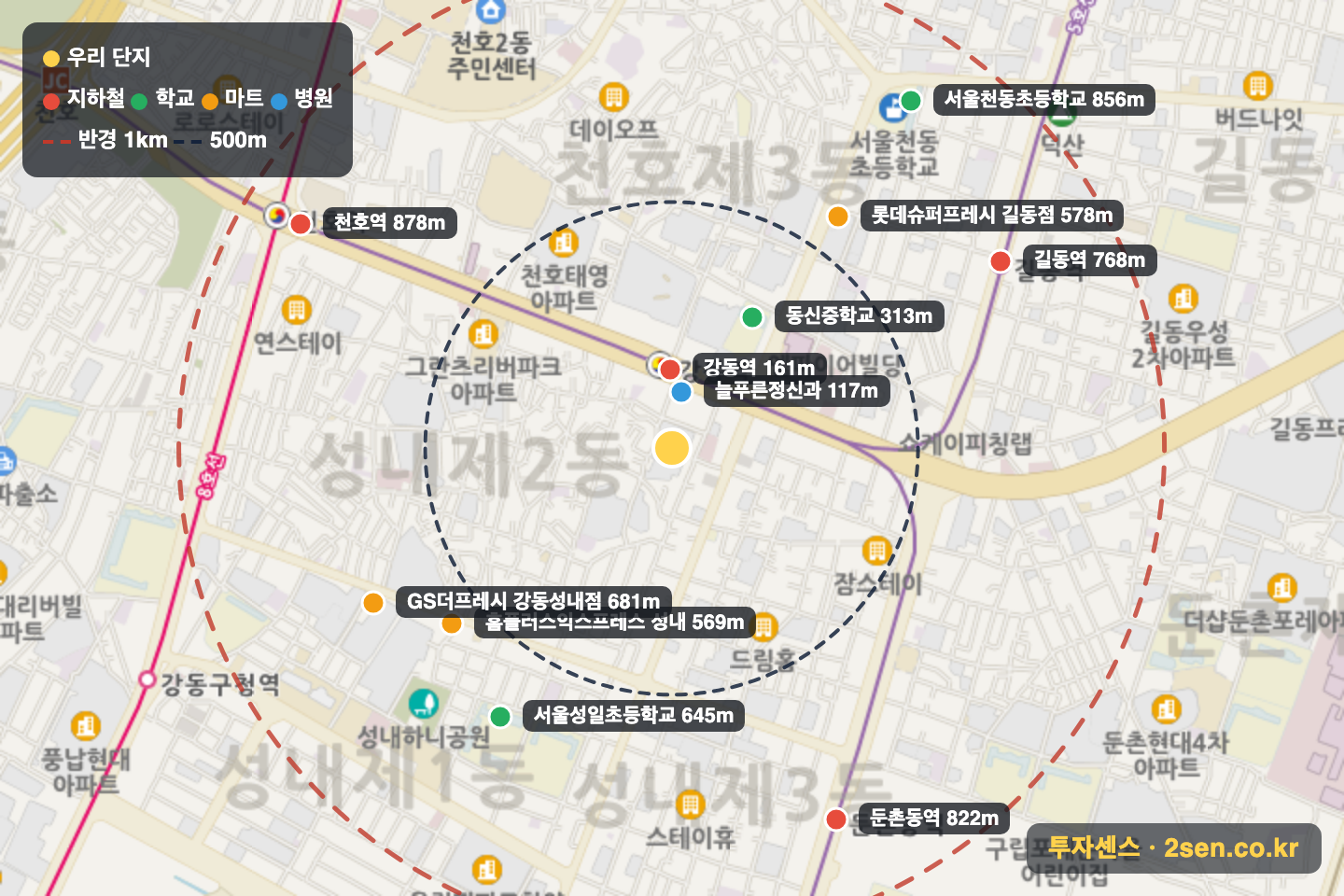 코오롱(1차) 반경 1km 입지 지도(지하철·학교·마트)