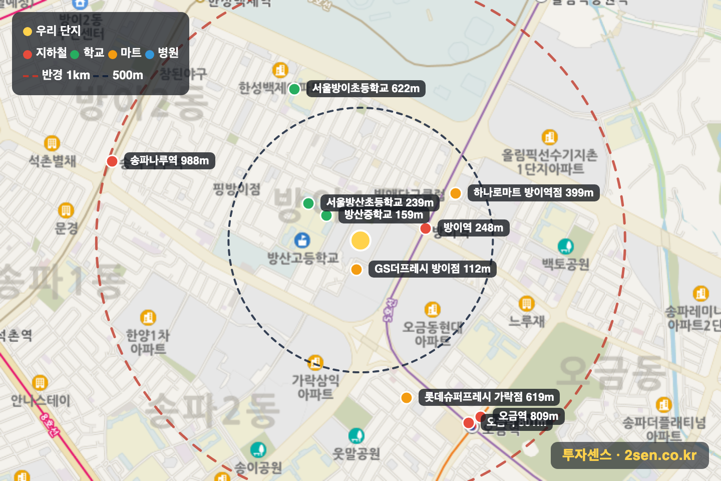 코오롱아파트 반경 1km 입지 지도(지하철·학교·마트)