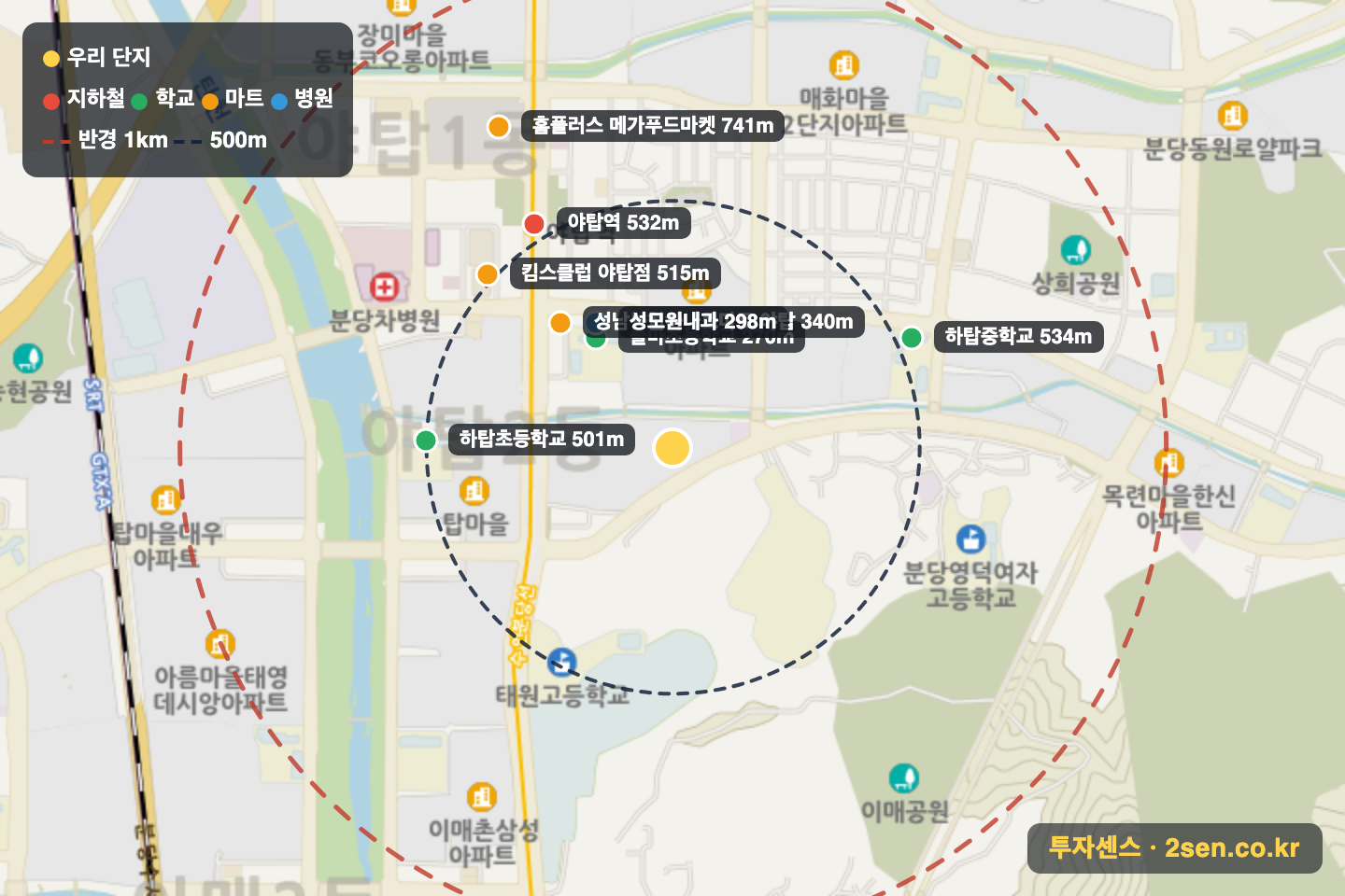 탑마을(경남)1 반경 1km 입지 지도(지하철·학교·마트)