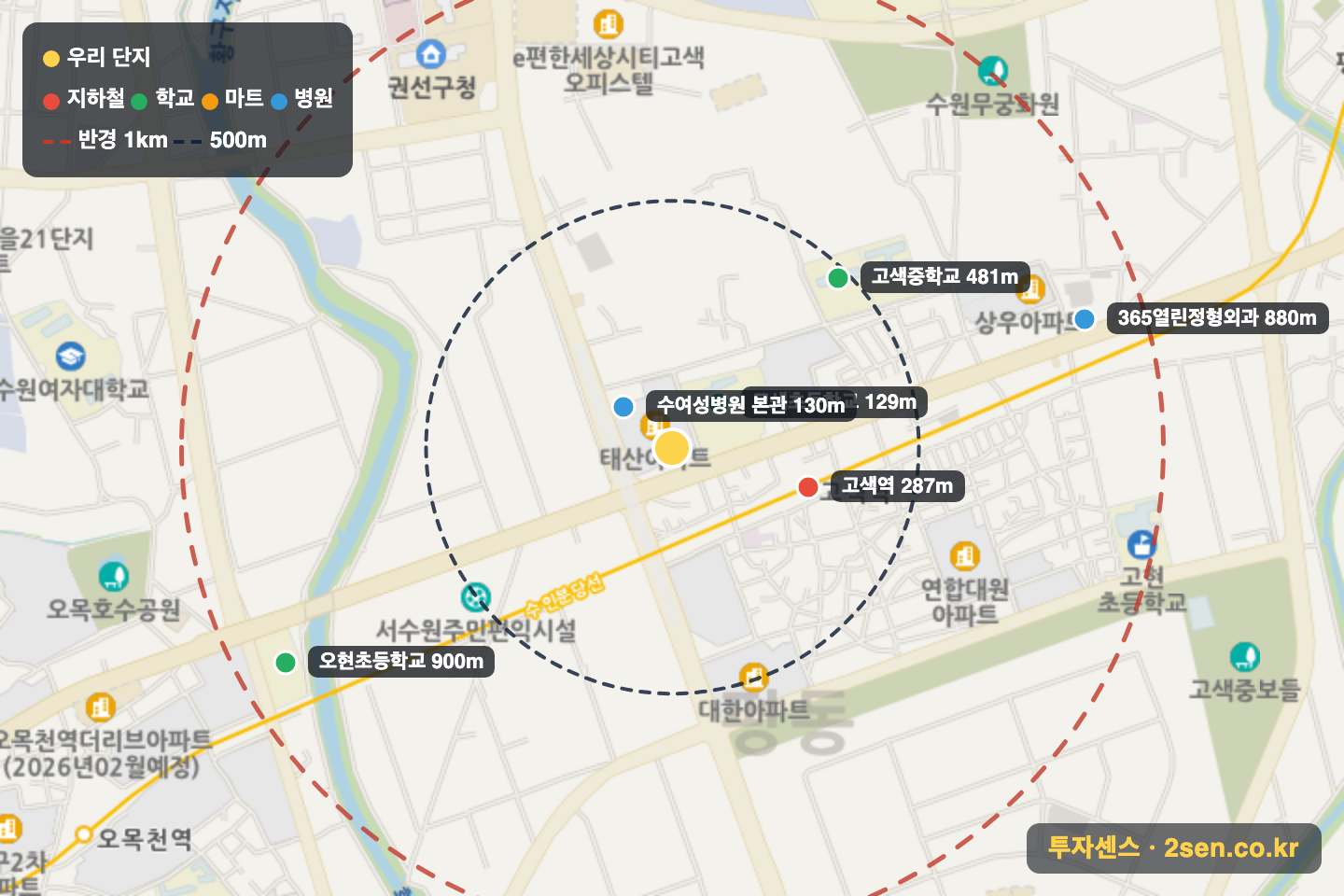 태산1 반경 1km 입지 지도(지하철·학교·마트)