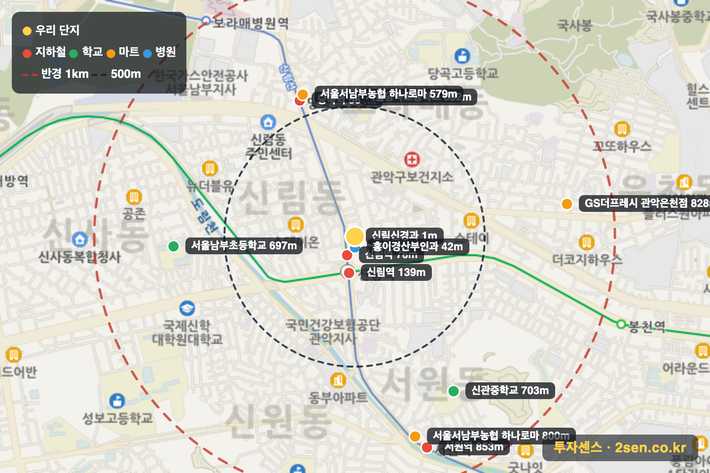 태영 반경 1km 입지 지도(지하철·학교·마트)