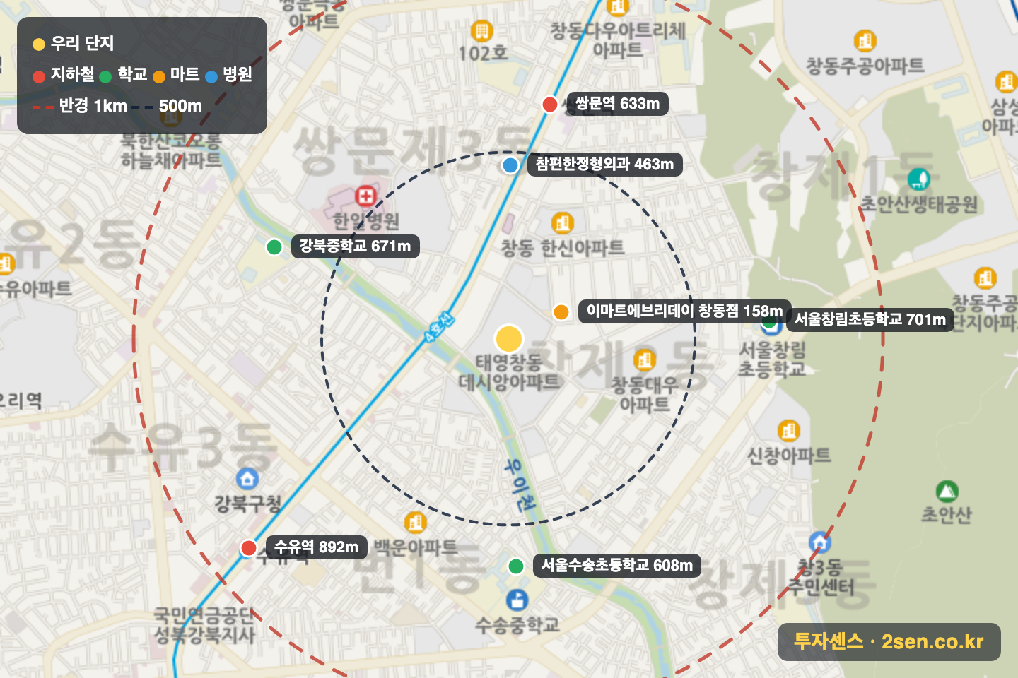 태영데시앙 반경 1km 입지 지도(지하철·학교·마트)