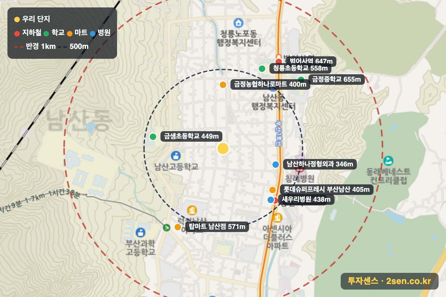 태인빌라 반경 1km 입지 지도(지하철·학교·마트)
