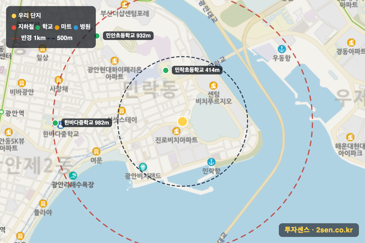 테넌바움294 반경 1km 입지 지도(지하철·학교·마트)