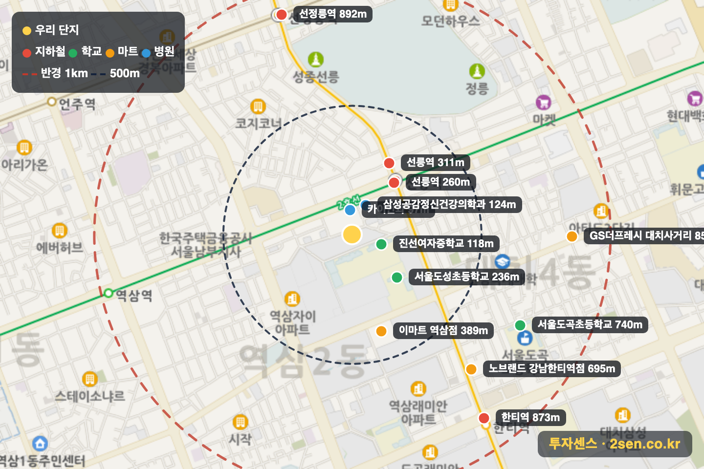 테헤란아이파크 반경 1km 입지 지도(지하철·학교·마트)