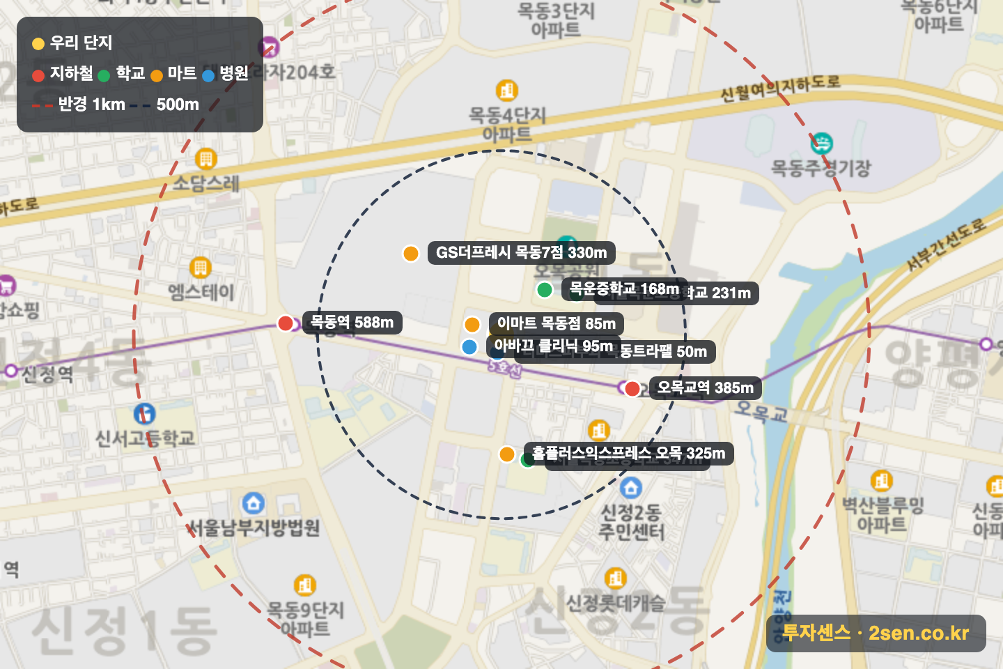 트라팰리스이스턴에비뉴 반경 1km 입지 지도(지하철·학교·마트)