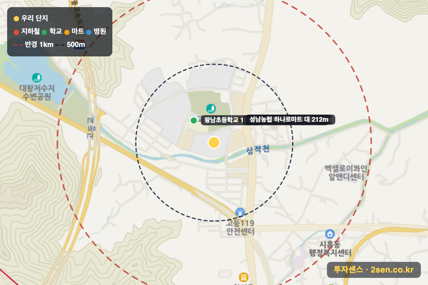 판교밸리제일풍경채 반경 1km 입지 지도(지하철·학교·마트)