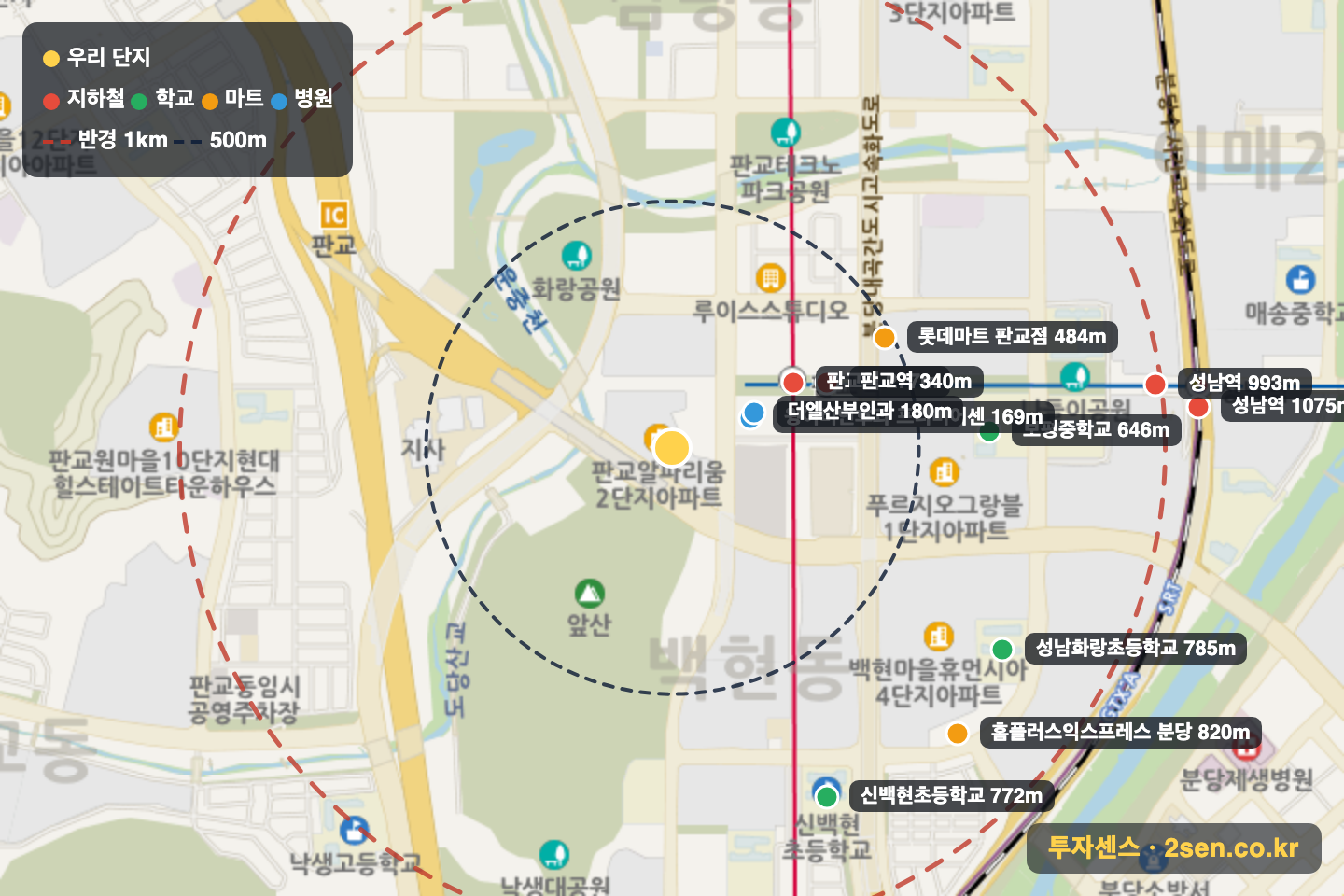 판교알파리움2단지 반경 1km 입지 지도(지하철·학교·마트)