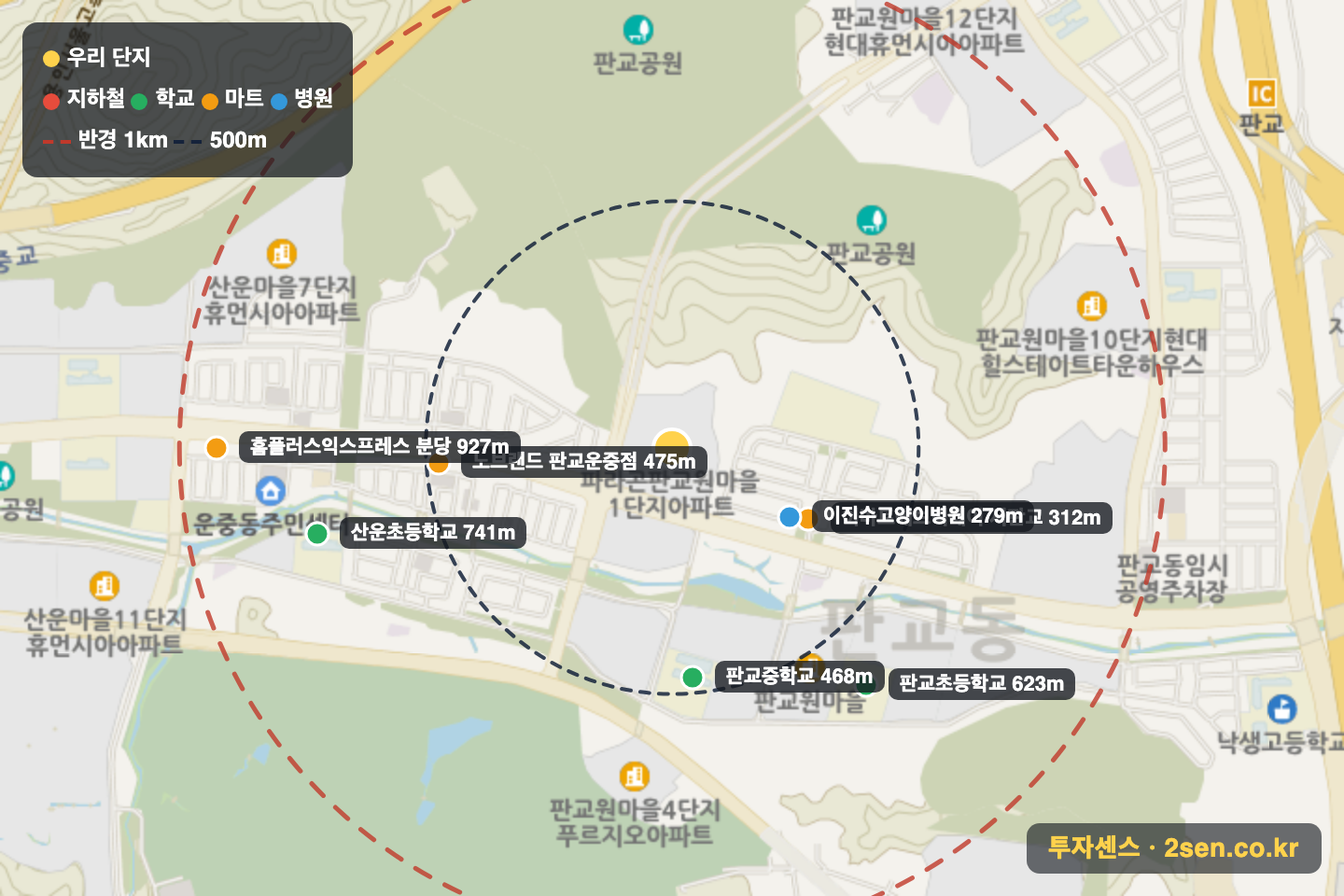 판교원마을1단지(파라곤) 반경 1km 입지 지도(지하철·학교·마트)