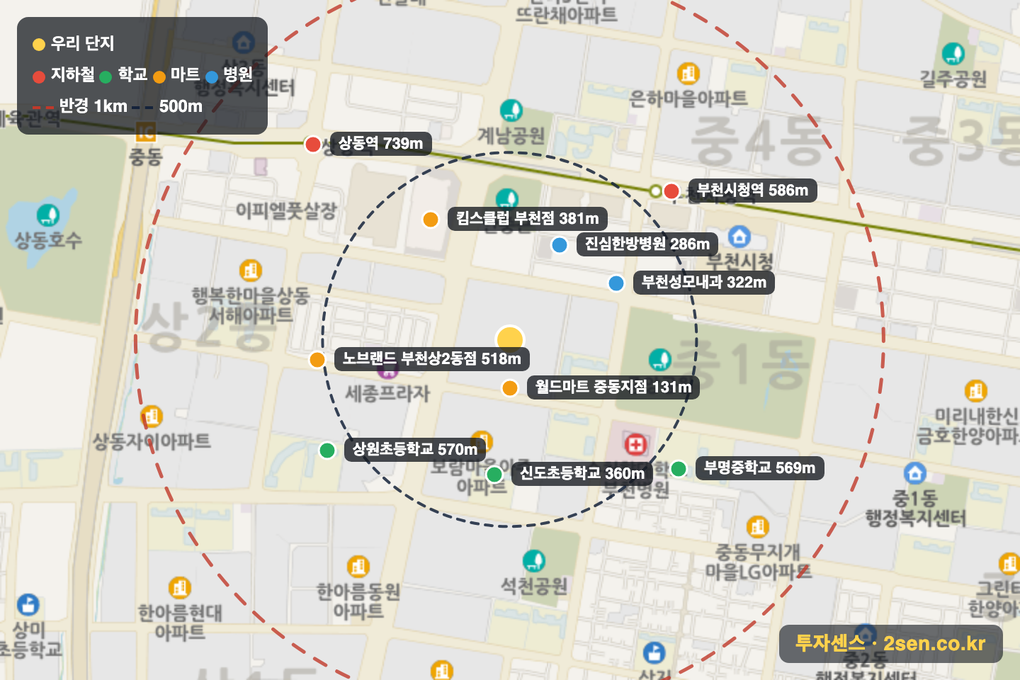 포도마을(삼보) 반경 1km 입지 지도(지하철·학교·마트)