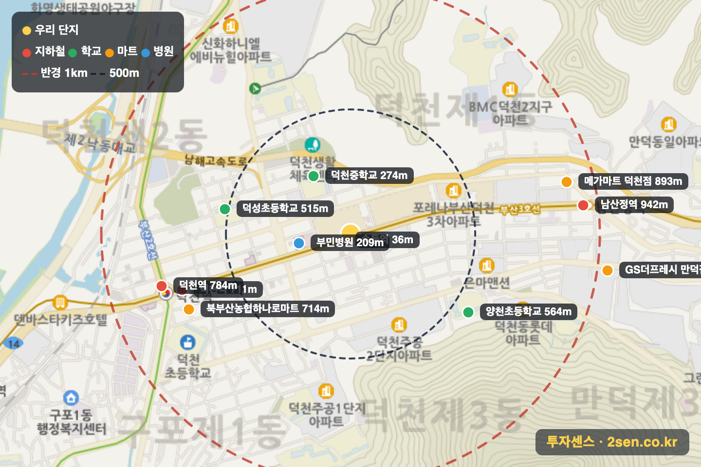 포레나부산덕천1차 반경 1km 입지 지도(지하철·학교·마트)