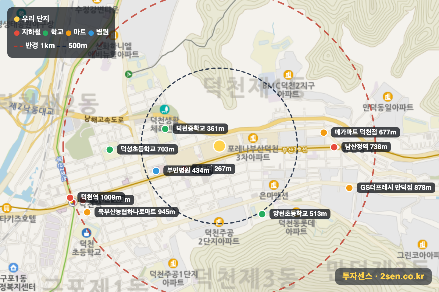 포레나부산덕천2차 반경 1km 입지 지도(지하철·학교·마트)