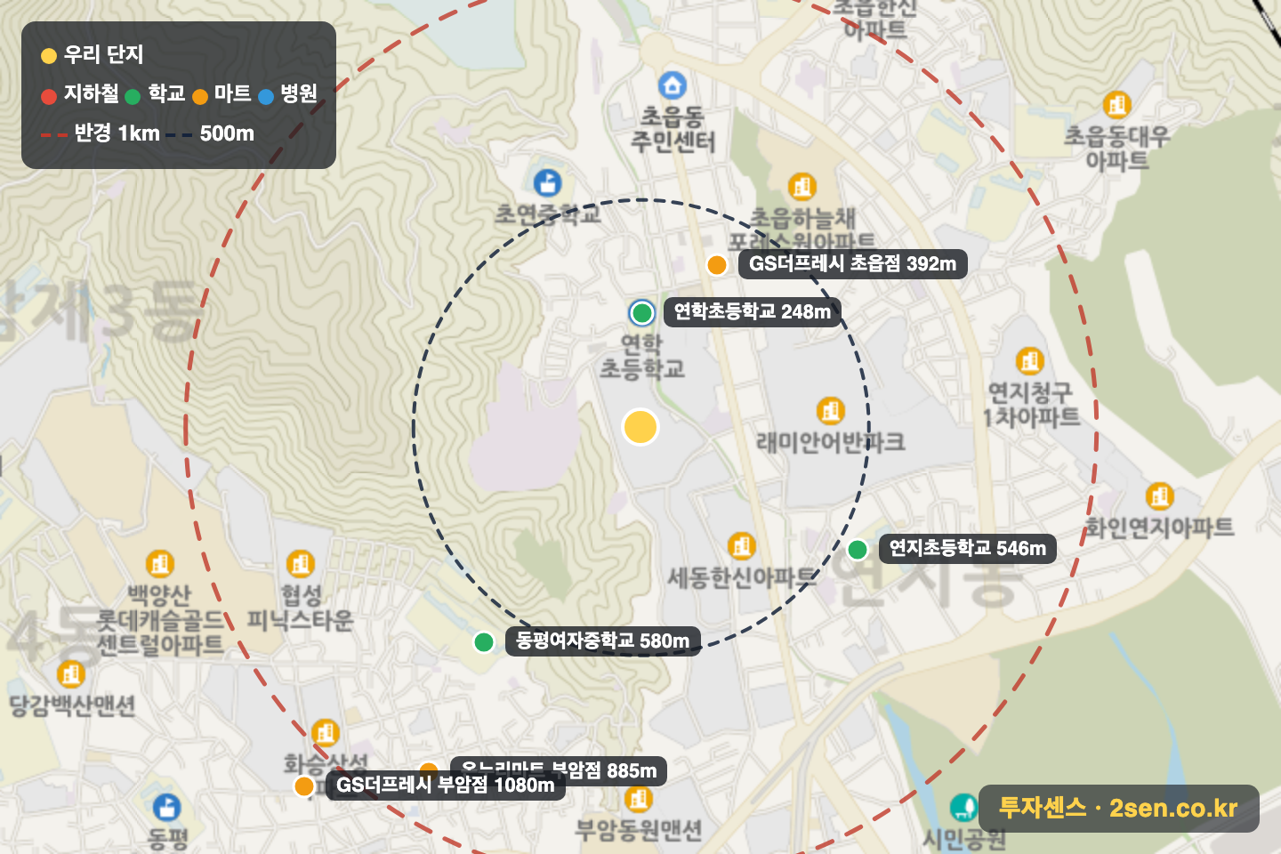 포레나부산초읍 반경 1km 입지 지도(지하철·학교·마트)