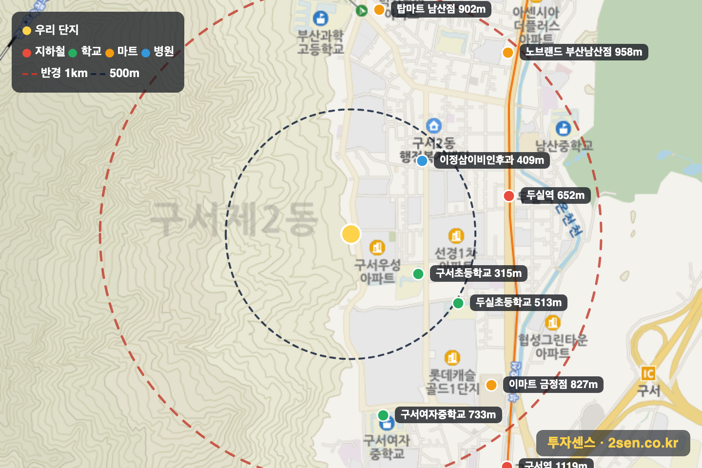 푸른마을 반경 1km 입지 지도(지하철·학교·마트)
