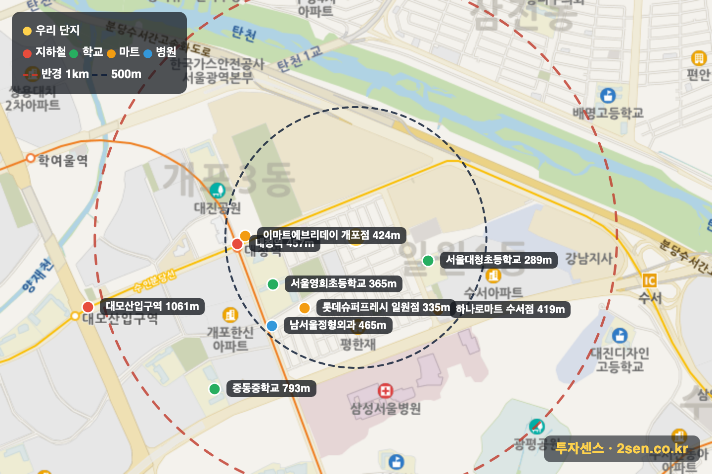 푸른마을아파트101동~111동 반경 1km 입지 지도(지하철·학교·마트)