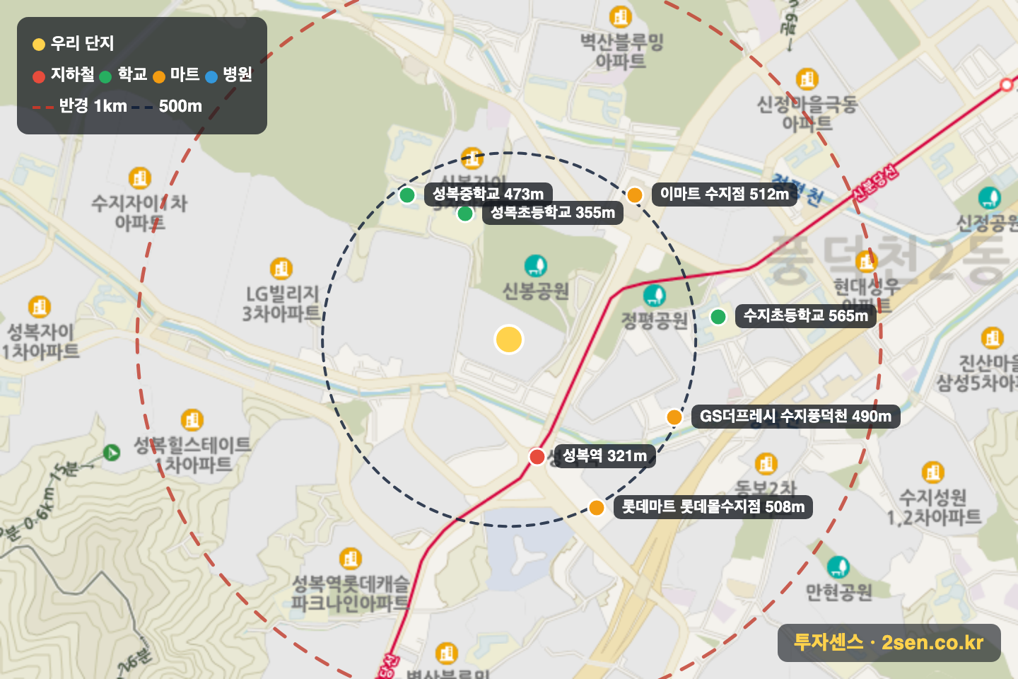 푸른마을푸르지오 반경 1km 입지 지도(지하철·학교·마트)