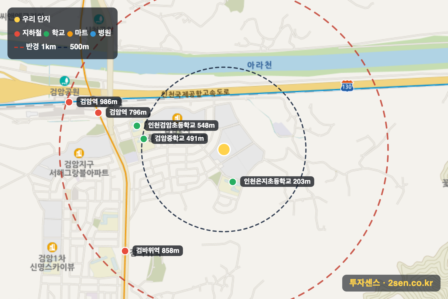 풍림아이원3차 반경 1km 입지 지도(지하철·학교·마트)