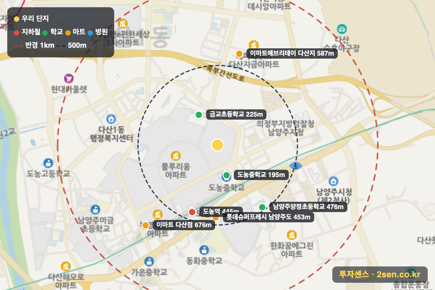 플루리움3단지 반경 1km 입지 지도(지하철·학교·마트)