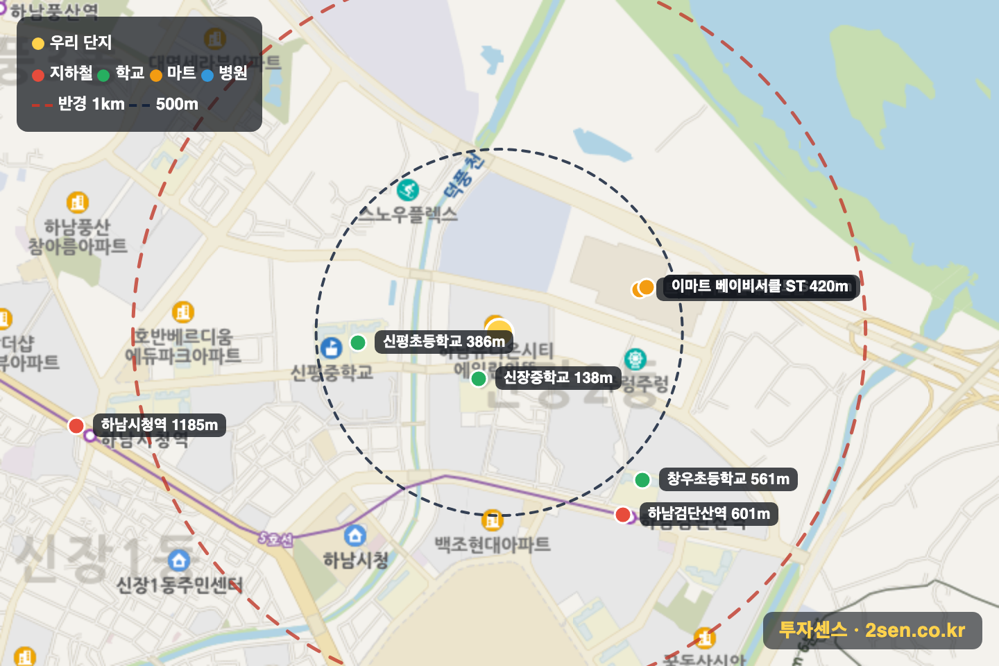 하남유니온시티에일린의뜰 반경 1km 입지 지도(지하철·학교·마트)