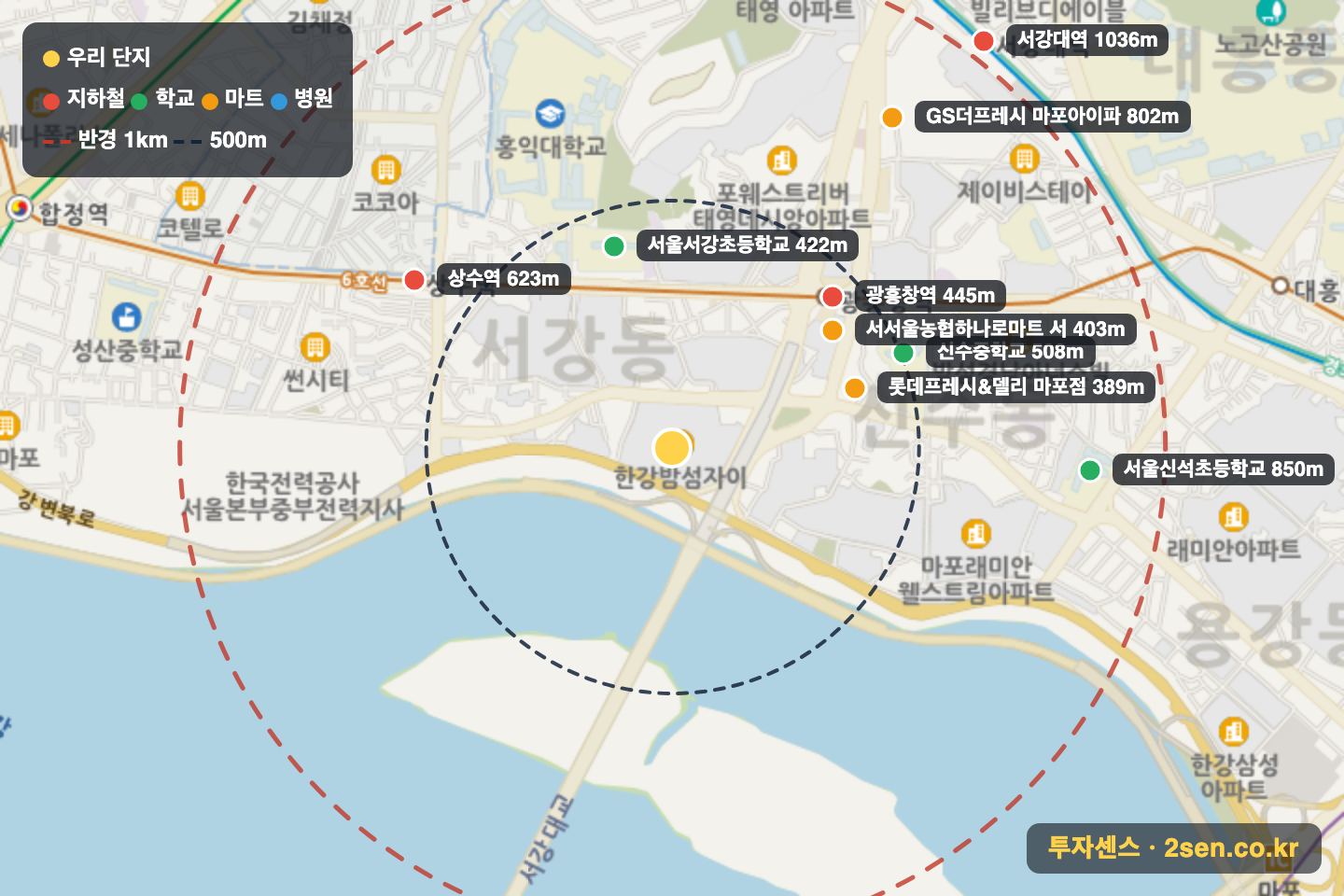 한강밤섬자이 반경 1km 입지 지도(지하철·학교·마트)