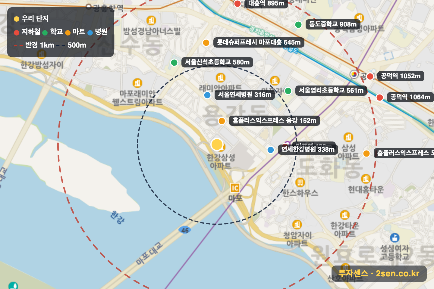한강삼성 반경 1km 입지 지도(지하철·학교·마트)