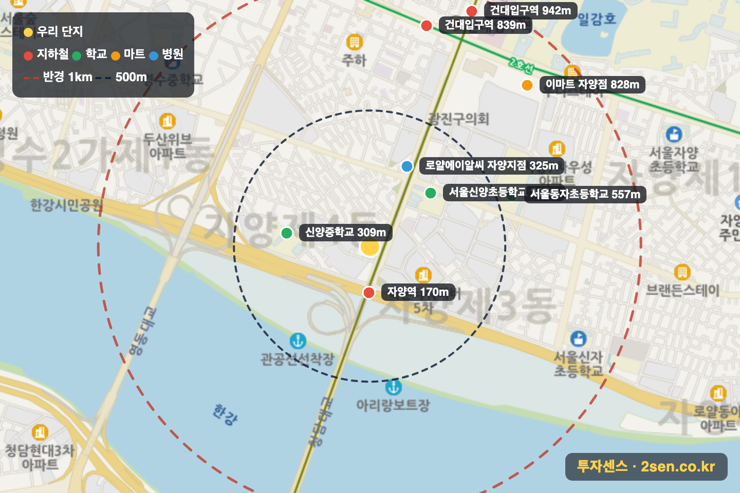 한강현대 반경 1km 입지 지도(지하철·학교·마트)
