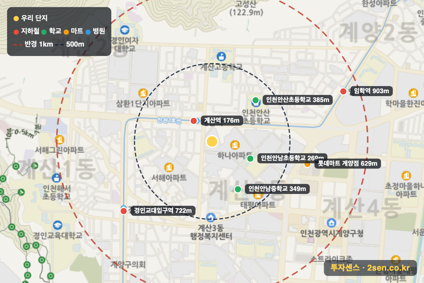 한국 반경 1km 입지 지도(지하철·학교·마트)