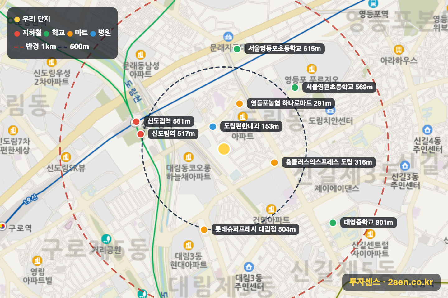 한라 반경 1km 입지 지도(지하철·학교·마트)
