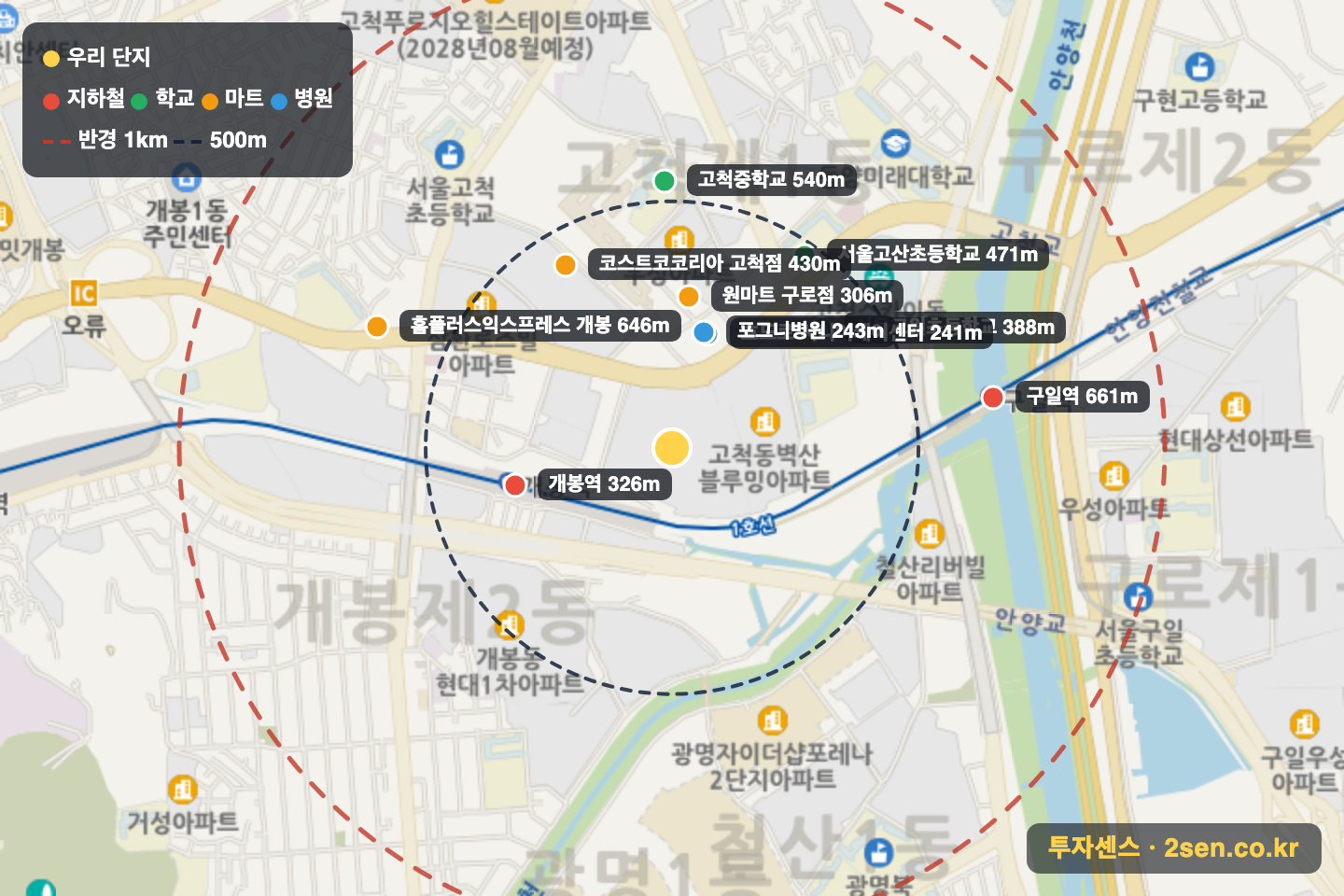 한마을 반경 1km 입지 지도(지하철·학교·마트)